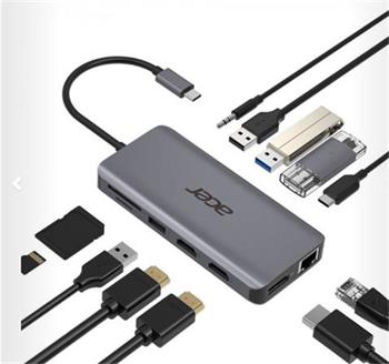 ACER 12IN1 TYPE C DONGLE: 2 x USB3.2, 2 x USB2.0, 1x SD/TF, 2 x HDMI, 1 x PD, 1 x DP, 1 x RJ45, 1 x 3.5 Audio