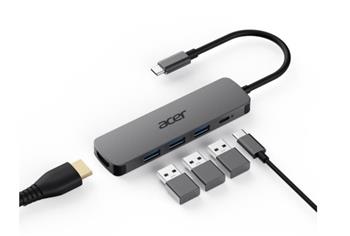 Acer 5IN1 Type- C dongle, 1x HDMI (až 3840x2160@60hz), 3x USB 3.0 5Gbps ports, 1x Type-C up to 100W PD port (host)