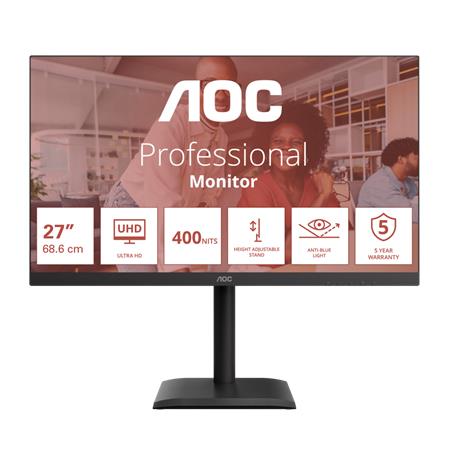 AOC LCD U27E4CV 27" IPS 4K/3840x2160@60Hz/4ms/400cd/2xHDMI/DP/4xUSB/USB-C dock/RJ45/Repro/Pivot/HAS/5 let