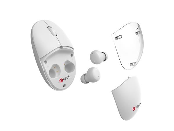 C-TECH Myš s TWS sluchátky WLM-21 Dual mode, bezdrátová, BT5.0 + 2,4GHz, 1600DPI, 3 tlačítka, USB nano receiver, bílá