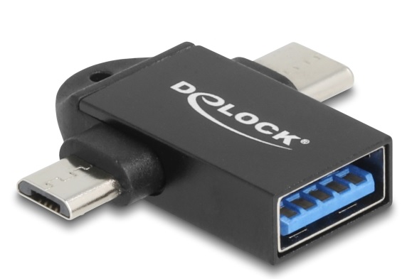 Delock Adaptér USB 10 Gbps typu 2 v 1 ze zásuvky USB-A na zástrčku USB Type-C™ + zástrčku USB Micro-B, OTG