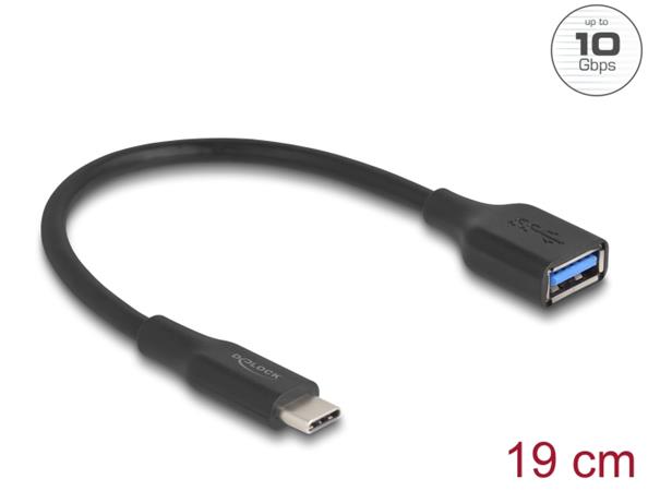 Delock Adaptér USB 10 Gbps, ze zástrčky USB Type-C™ na zásuvku Typ-A, délky 19 cm 60 W QC 3.0 černá