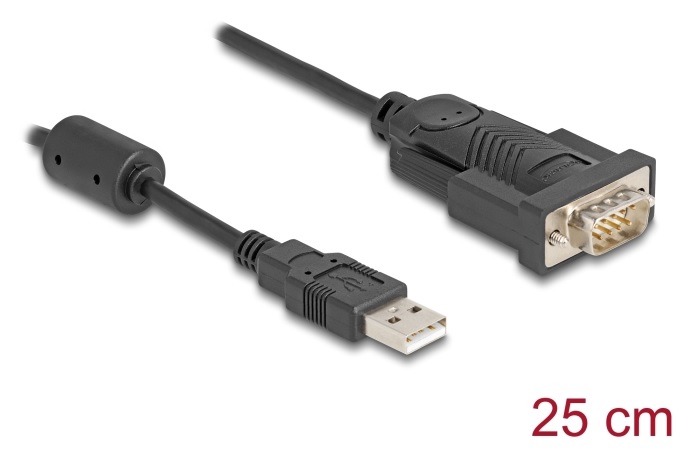 Delock Adaptér z USB 2.0 Typu-A na 1 x Sériové RS-232 D-Sub 9 pin zástrčkové rozhraní s feritovým jádrem, 0,25 m