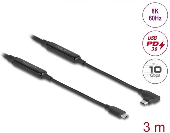 Delock Aktivní kabel USB 10 Gbps, ze zástrčkového rozhraní USB Type-C™ na zástrčkové, pravoúhlý, levý / pravý, 3 m, 8K