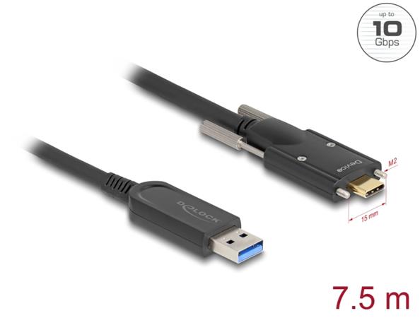 Delock Aktivní optický kabel USB 10 Gbps-A samec na USB Type-C™ samec se šrouby po stranách 7,5 m