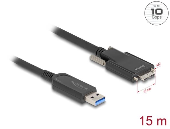 Delock Aktivní optický kabel USB 10 Gbps-A samec > USB 10 Gbps Typ Micro-B samec se šroubky 15 m