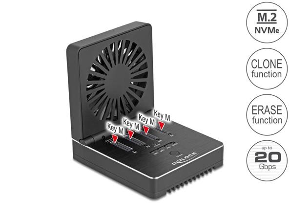 Delock Dokovací stanice USB 20 Gbps pro 4 x SSD M.2 NVMe PCIe s funkcí klonování a mazání
