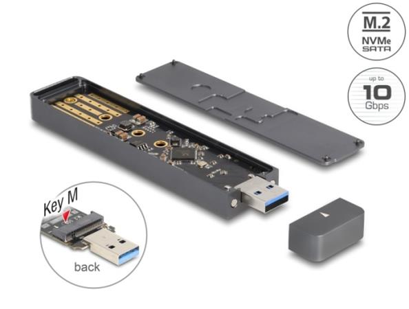 Delock Externí pouzdro na SSD M.2 NVME PCIe nebo SSD SATA se zástrčkovým konektorem USB Typu-A 10 Gbps