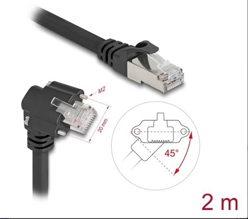 Delock Kabel kamery GigE se zástrčkou RJ45, pootočený o 45° a pravoúhlý 90°, se šrouby, na zástrčku RJ45, Cat.6, S/FTP