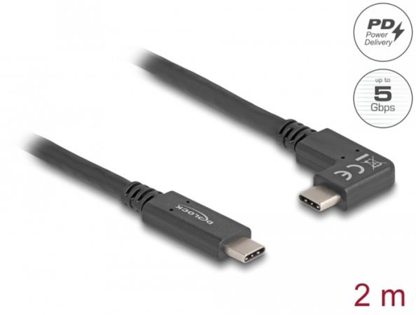 Delock Kabel USB 5 Gbps, ze zástrčky USB Type-C™ na zástrčky USB Type-C™, pravoúhlý levý / pravý 2 m 4K PD 60 W