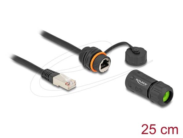 Delock Kabel ze zástrčky RJ45 na zásuvku RJ45, Cat.6A,závit M20 a kryt, s prachotěsností a vodotěsností IP68, 25cm,černý