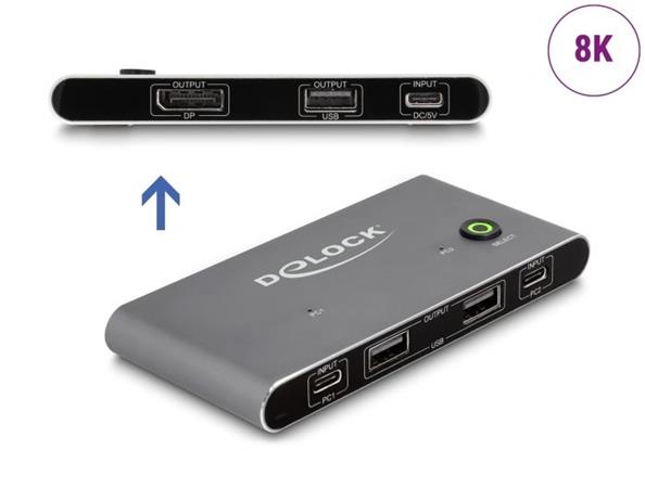 Delock Přepínač KVM z rozhraní USB-C™ na DisplayPort 8K 30 Hz s USB 2.0