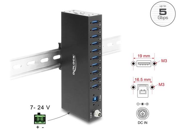 Delock Průmyslový rozbočovač ze 10 x USB 5 Gbps Typ-A s ochranou proti elektrostatickému výboji (ESD) až 8 kV a s montáž