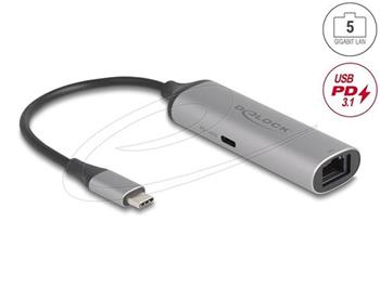 Delock Síťový adaptér USB Type-C™, 5 Gigabit LAN, 1 x RJ45 s Power Delivery, PD 3.1, 140 W