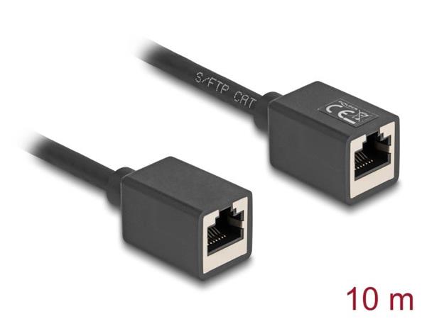 Delock Síťový prodlužovací kabel ze zásuvku RJ45 na zásuvku RJ45, Cat.6A, S/FTP, 10 m, černý