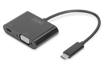 DIGITUS Adaptér USB typu C na VGA, Full HD 1080p + USB C (PD), černý
