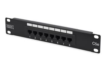 Digitus CAT 5e patch panel, nestíněný, 8 portů RJ45, 8P8C LSA, 1U, 254 mm (10 "), montáž do stojanu, bl, 482x44x109