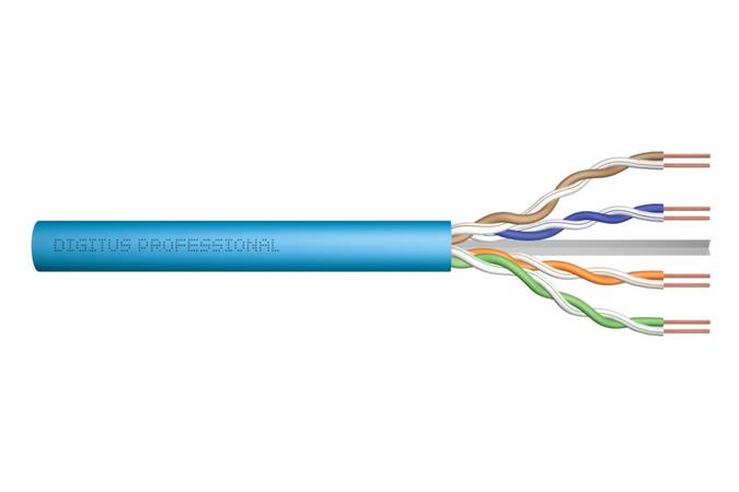 DIGITUS CAT 6A U-UTP installation cable, 500 MHz Dca (EN 50575), AWG 23/1, 500 m drum, sx, blue