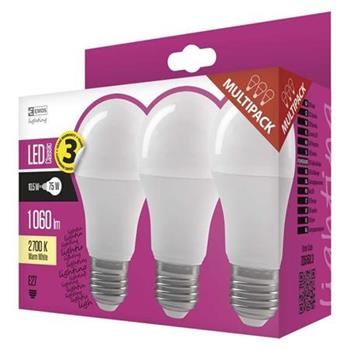 Emos LED žárovka Classic A60, 10,5W/75W E27, WW teplá bílá, 1060 lm, Classic, F, 3 PACK