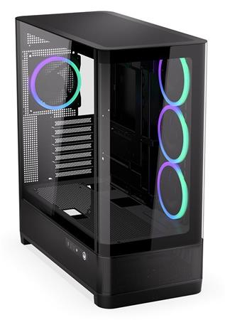 Endorfy Aquarius 8000 Corona,Skříň, E-ATX, 4× ARGB 120mm ventilátor, 2× USB 3.0, 1× USB-C, panoramatická, zaoblené sklo, černá