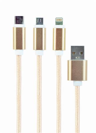 GEMBIRD CABLEXPERT Kabel USB A Male/Micro B + Type-C + Lightning, 1m, opletený, zlatý, blister