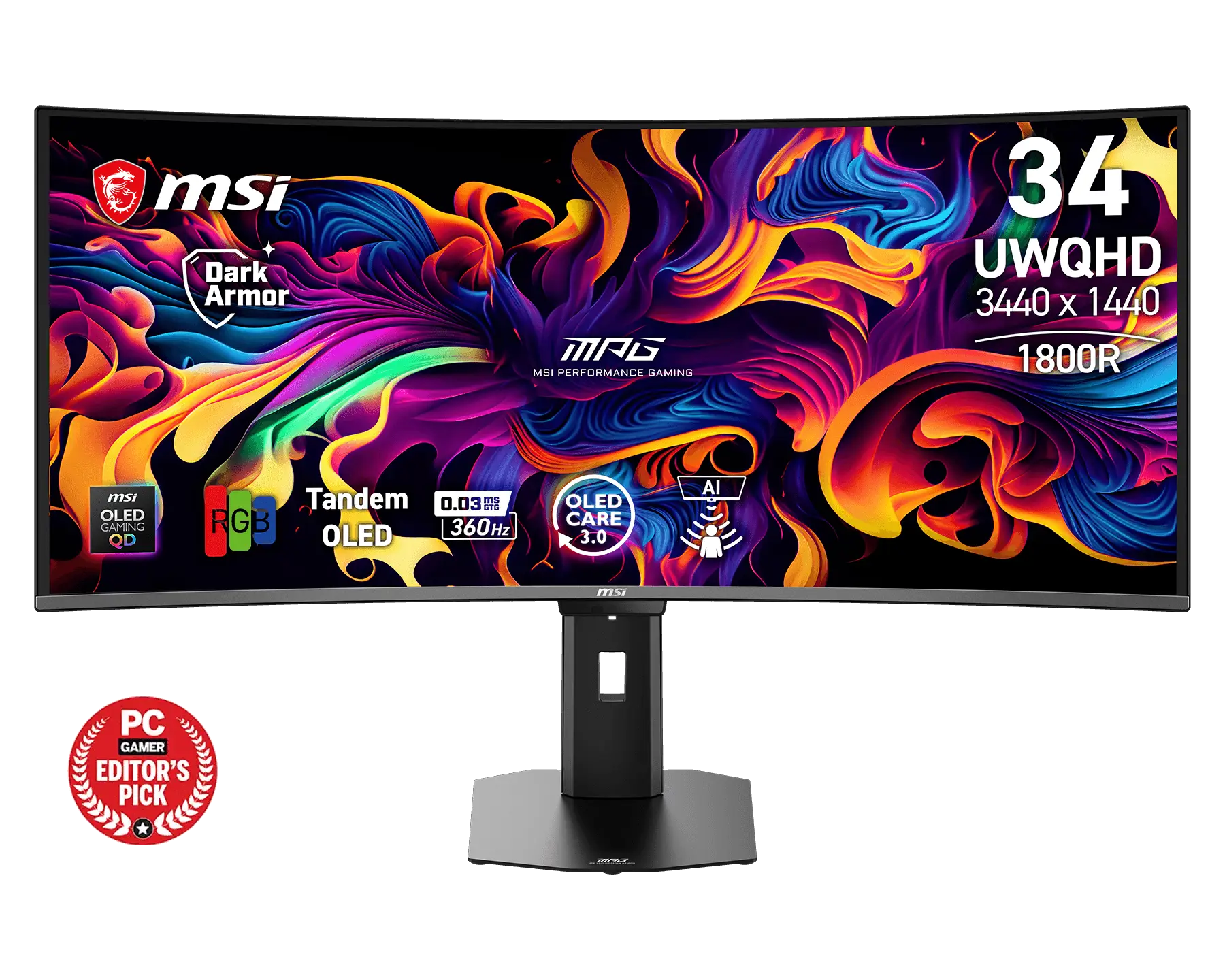 MSI Gaming monitor MPG 341CQR QD-OLED X36, 34" QD-OLED zakřivený/3440x1440(UWQHD)/360Hz/0,03ms/2xHDMI/DP/USB-A,B,C/Výšk.