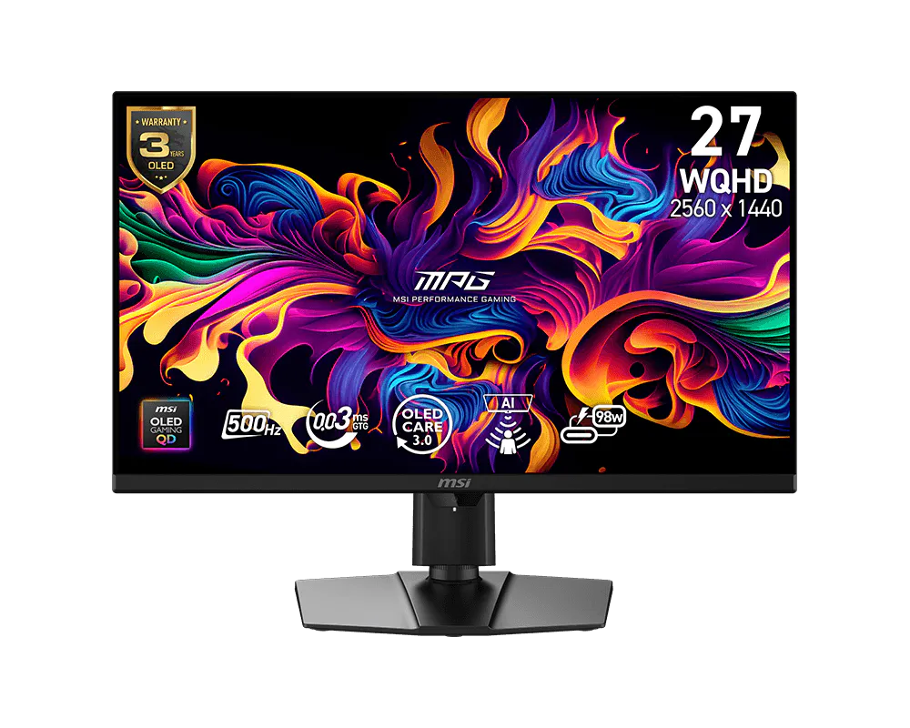 MSI MPG 271QR QD-OLED X50, 26,5" QD-OLED/2560x1440 (WQHD)/500Hz/0,03ms/2x HDMI/DP/USB-A,B,C/Výšk. nastavitelný/Pivot/černá
