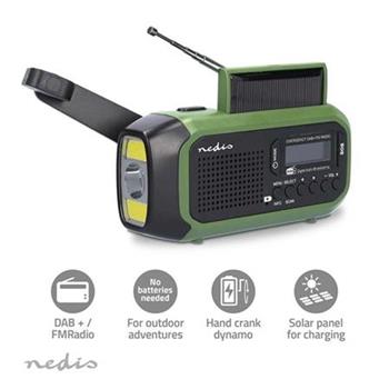 Nedis RDDBCR2000GN - Nouzové Radio | DAB+ / FM | Napájení z baterie/Napájení z USB/Ruční klika / Solar Powered | Budík