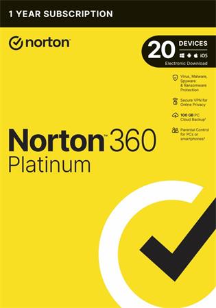 NORTON 360 PLATINUM 100GB CZ 1 uživatel 20 zařízení na 1 rok