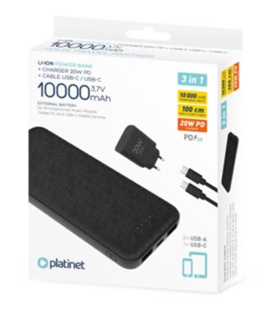 PLATINET POWER BANK 10000 mAh + PD CHARGER 20W + USB-C kabel černá