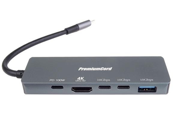PremiumCord USB-C na 4K@60Hz HDMI + 10G USB3.2 A + 10G 2x USB-C + PD(power delivery) adaptér