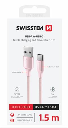 SWISSTEN DATOVÝ KABEL TEXTILE II USB / USB-C 1,5 M RŮŽOVÝ