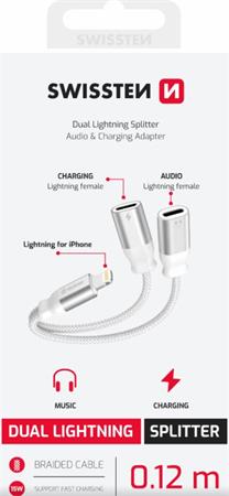 SWISSTEN NABÍJECÍ AUDIO ADAPTÉR TEXTILE LIGHTNING (samec) / 2x LIGHTNING (samice) 0,12 M BÍLÝ