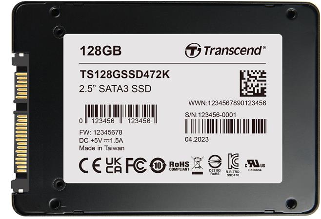 TRANSCEND SSD472K-VS1 128GB Industrial (3K P/E) SSD disk 2.5" SATA3, 3D TLC, BiCS5, 560MB/s R, 520 MB/s W, černý