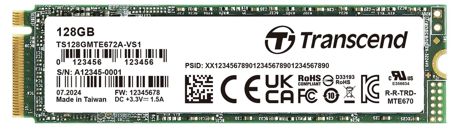 Transcend TS128GMTE672A-VS1 128GB, M 2 2280, PCIe Gen3x4, NVMe, 112-layer 3D NAND flash